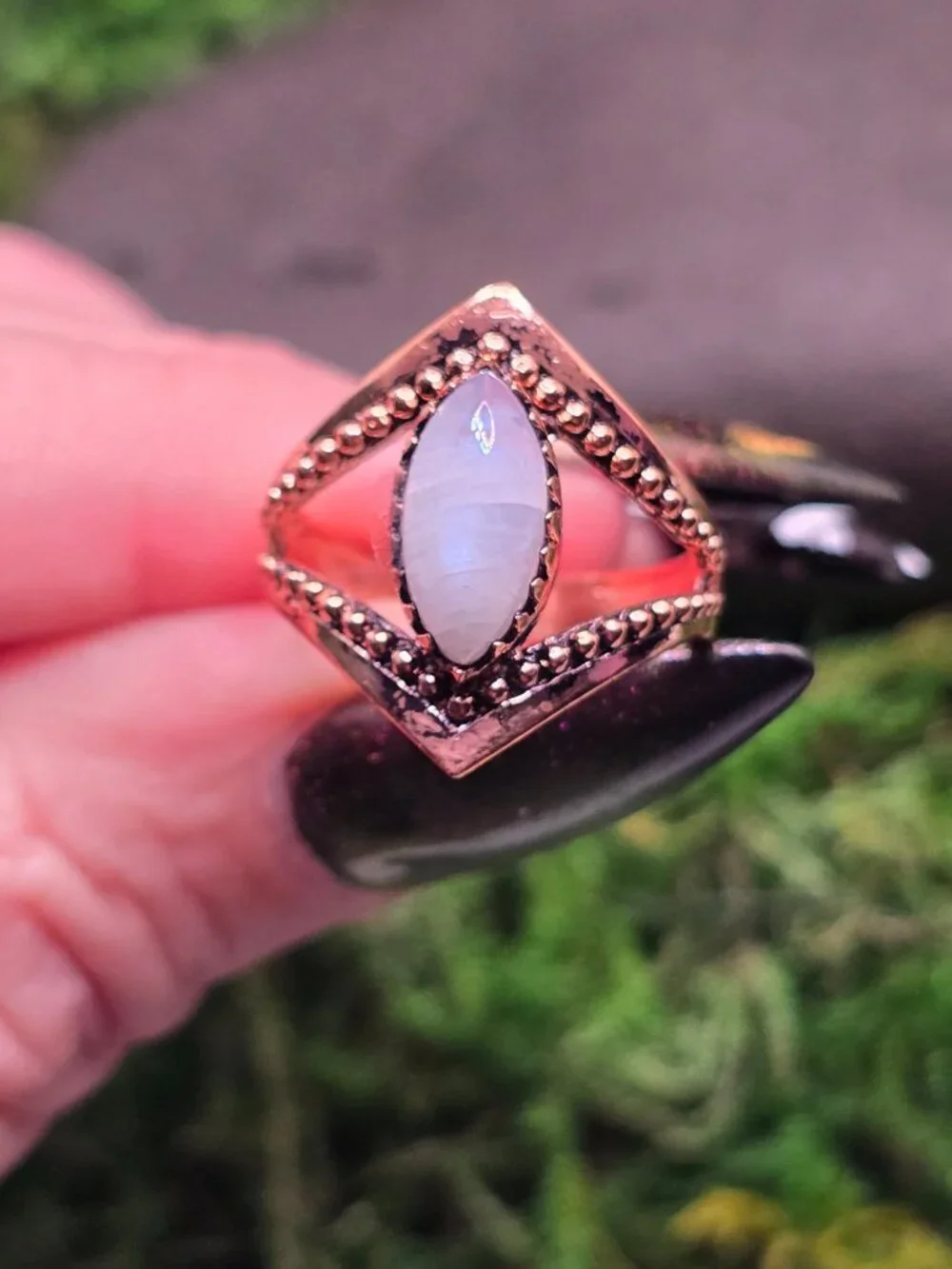 Moonstone Copper Marquise Ring Size 7 Blue Flash Gemstone Jewelry